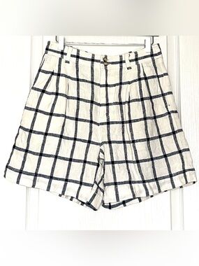 NWT Madewell Linen Cotton Pleated Mid Length Shorts Windowpane Plaid Size 4